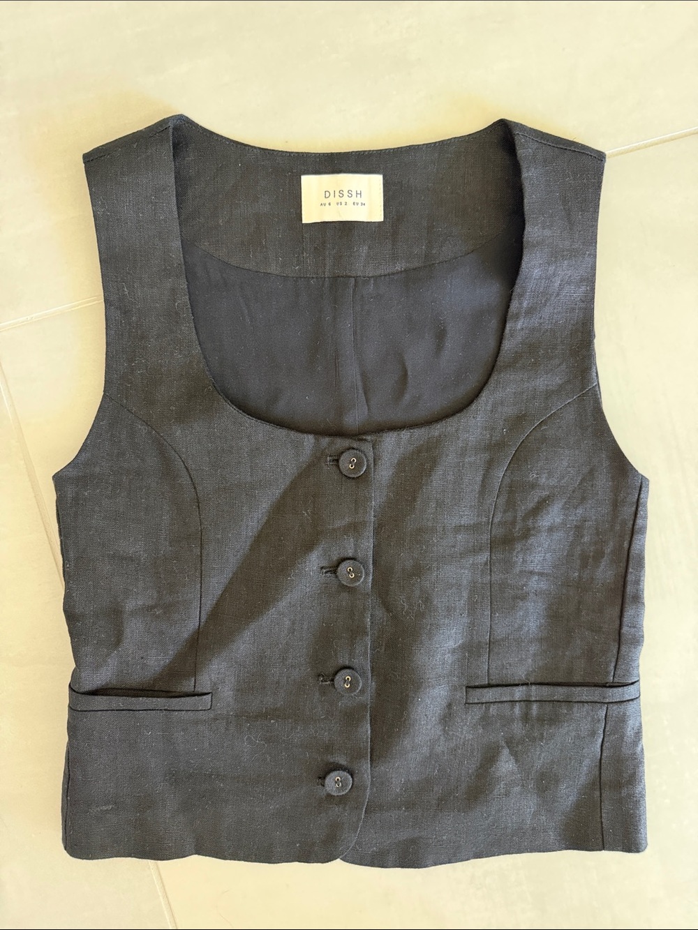 DISSH Black Linen Button Vest